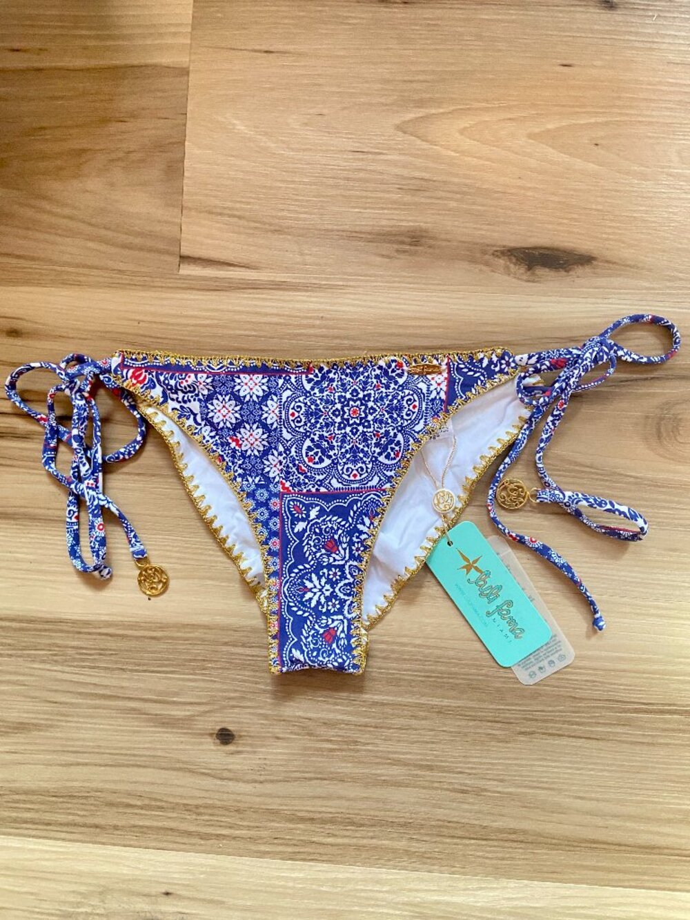 Luli Fama Miami Wavy Ruched Luxe Stitch Bikini Bottom - Americana Vibes ~ S NWT